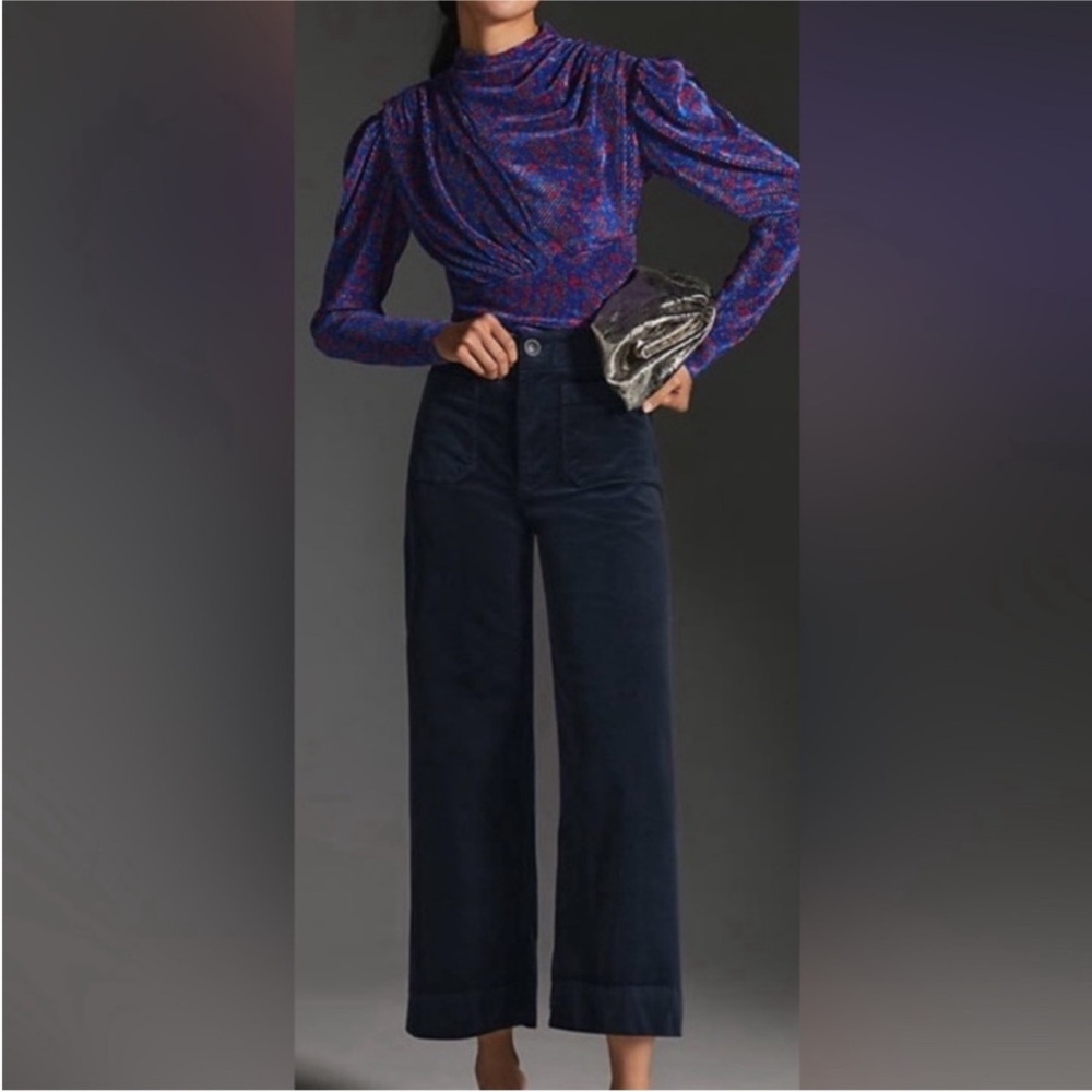 Anthropologie Maeve Colette Navy Blue Corduroy Cropped Wide Leg Pants size 29 - Picture 2 of 12
